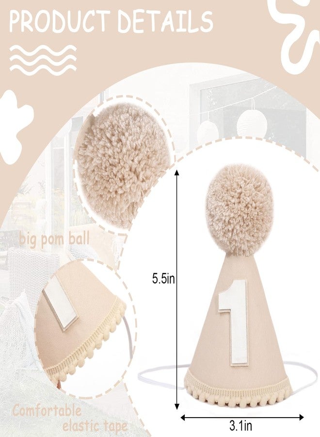 TERJIO Boys 1st Birthday Cone Hat - One Year Old Boy Birthday Decorations, Cake Smash Party Photo Props,Simple First Birthday Party Hat,Conical Hat With Pom Ball.(Khaki 1st Birthday Cone Hat) - Image 2